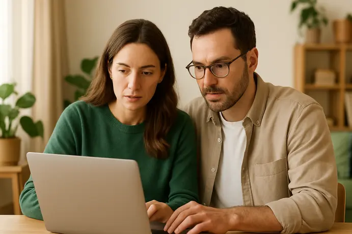 זוג צעיר בוחן הסכם ממון דיגיטלי